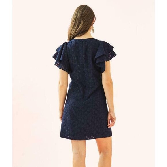 Lilly Pulitzer True Navy Tanzanian Flounce Sleeve Sheath Dress Size 00 - Picture 2 of 14